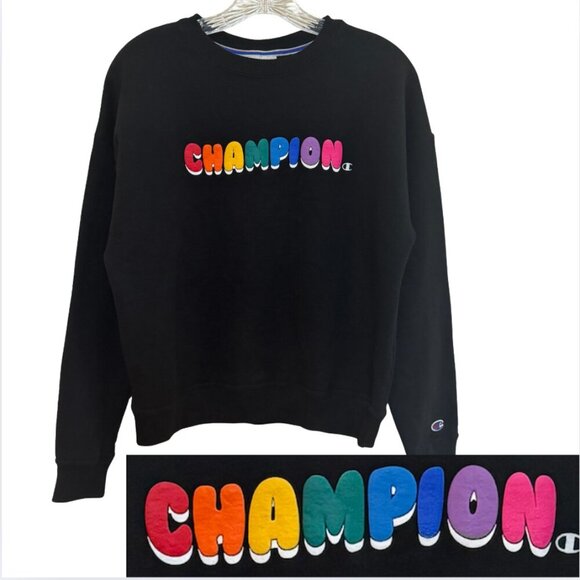 Champion rainbow bubble letters sweatshirt black pullover crewneck unisex small - Picture 1 of 6